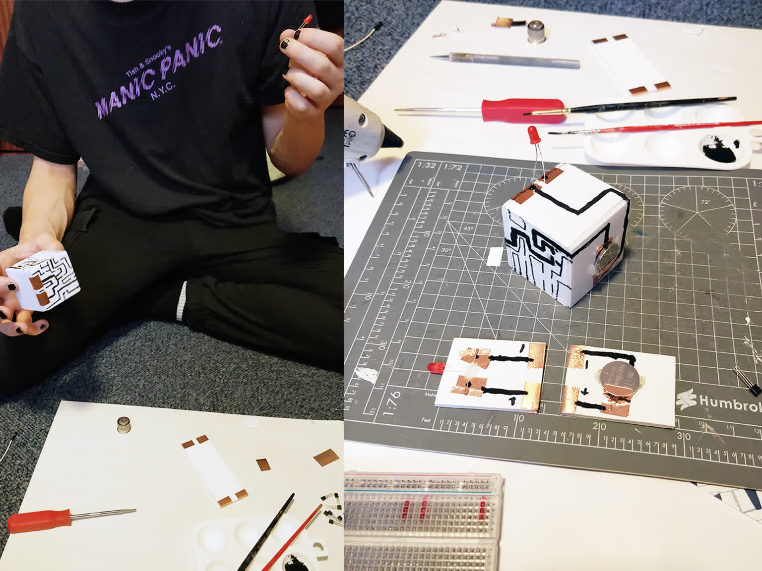pictures from a making together workshop, where participants made digital electronic things from scratch