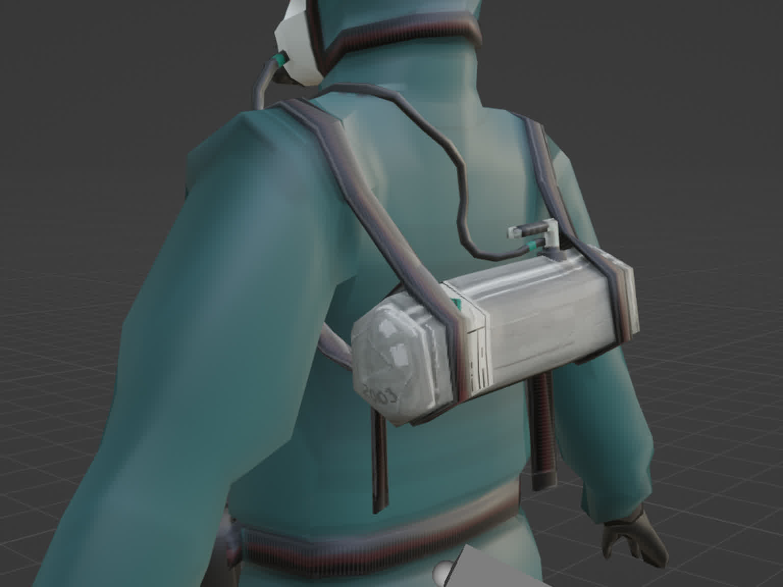 textured model of a hazmat suit and oxygen tank in blender, using as few mesh vertices and as small a texture resolution as possible to show necessary detail