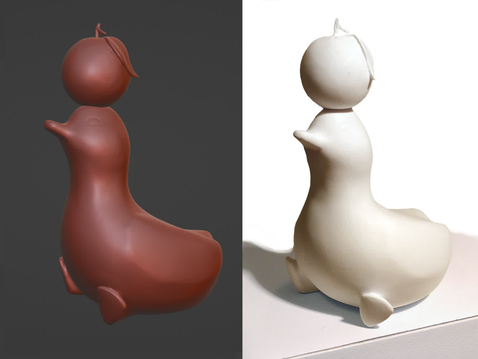 sculpted model of a duck in blender on the left, and the same model 3D printed and sanded smooth on the right