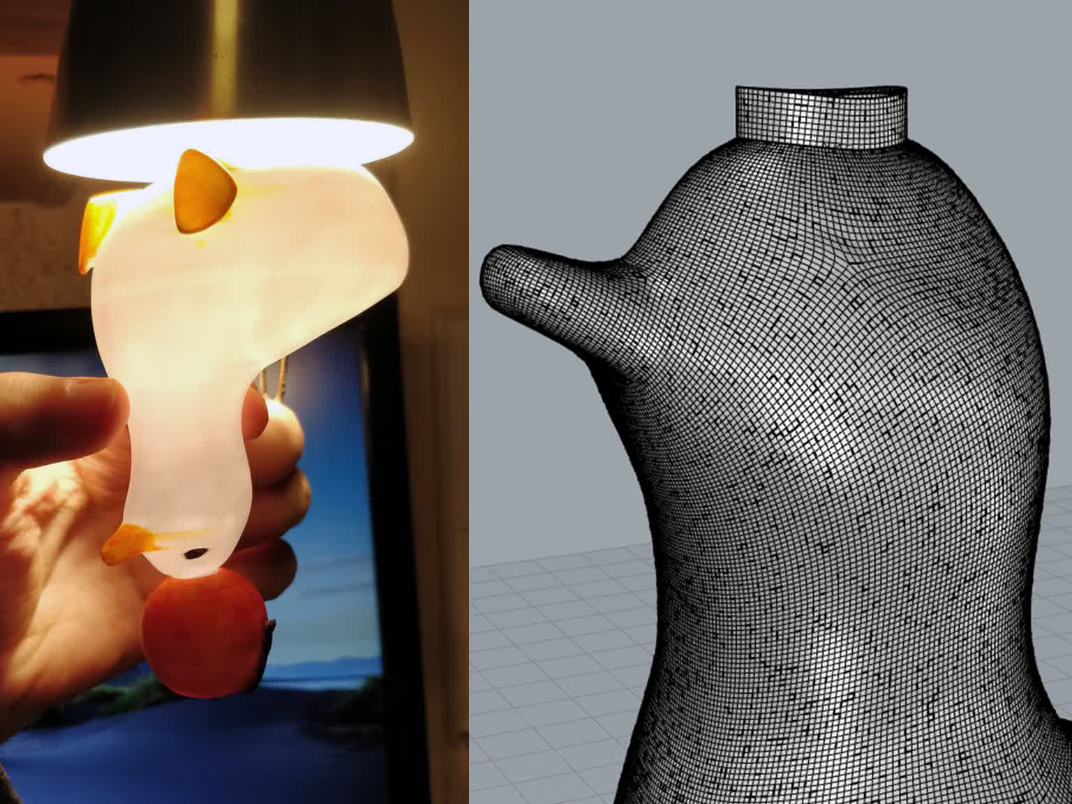 Left: 3D printed duck being held up to a lamp, lighting up because it's hollow. Right: The huge mesh in Rhino