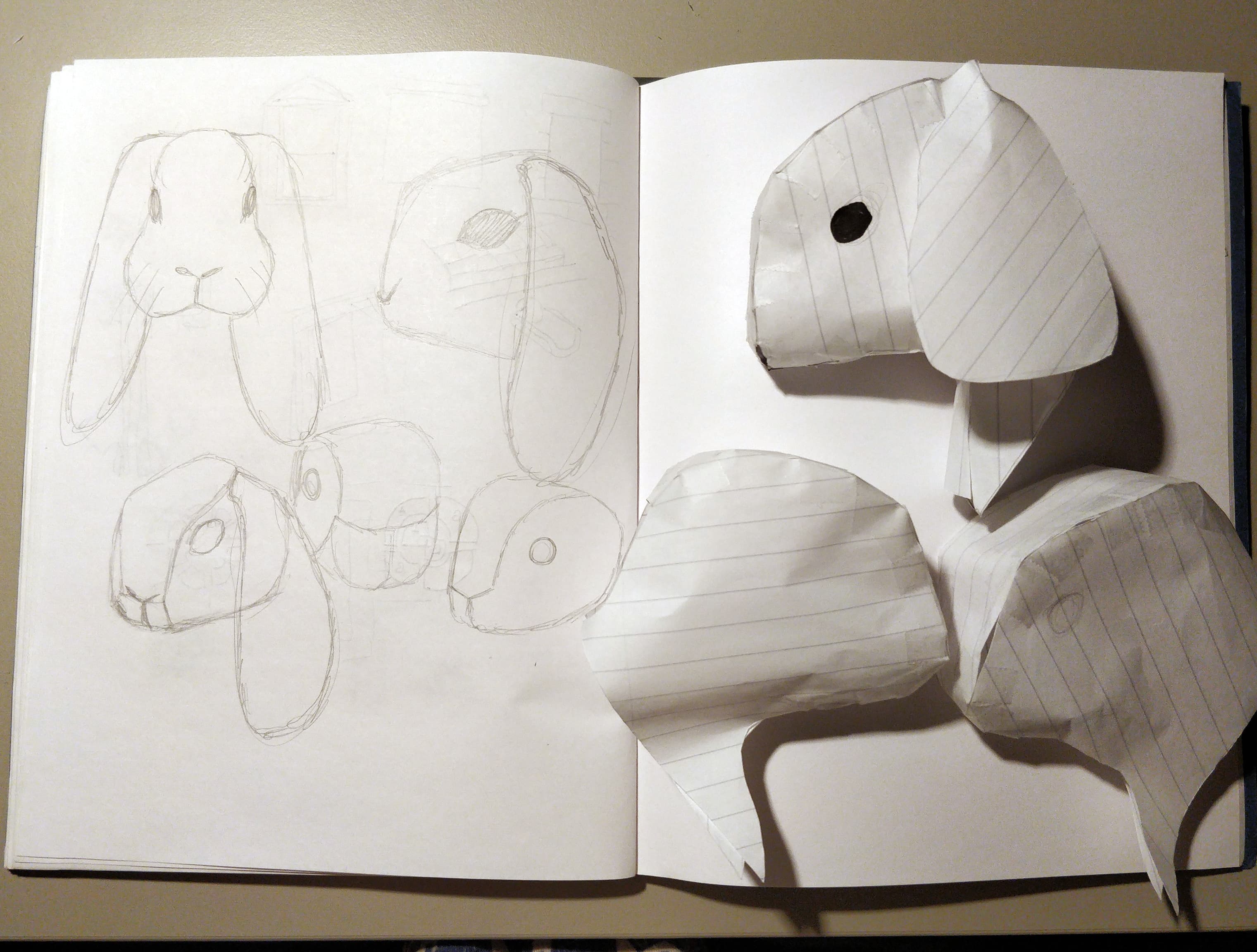 sketches and paper samples of the rabbit head