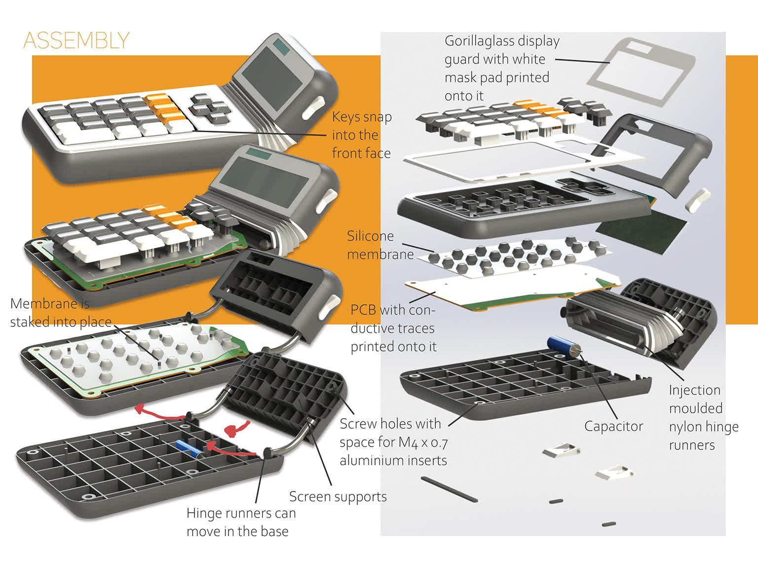 Thumbnail image: Exploded rendered view of a calculator, showing how all the parts fit together