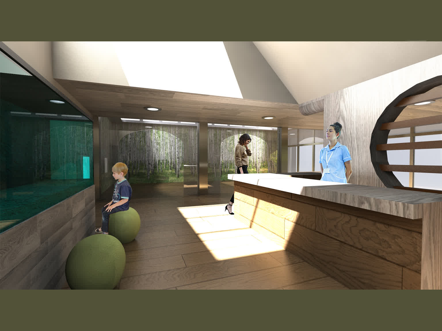 View of the hospital scene, from the hospital corridor looking into the room. A fish tank and skylight create a nice atmosphere for both staff and patients