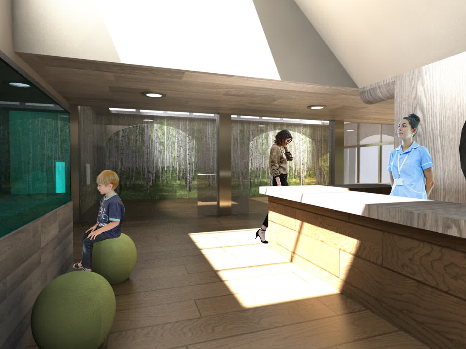 Thumbnail image: A rendered view of a children's hospital waiting room, with people using the space