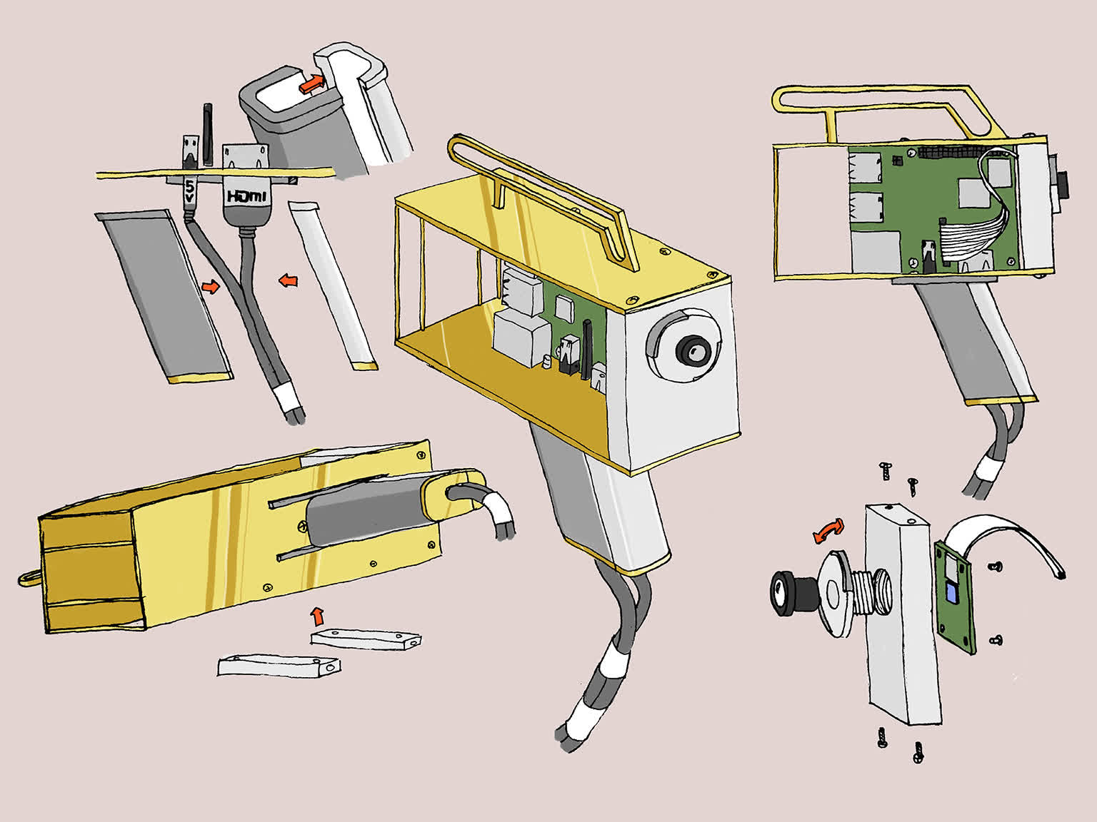 Open video camera sketch from Black Box project, showing detail