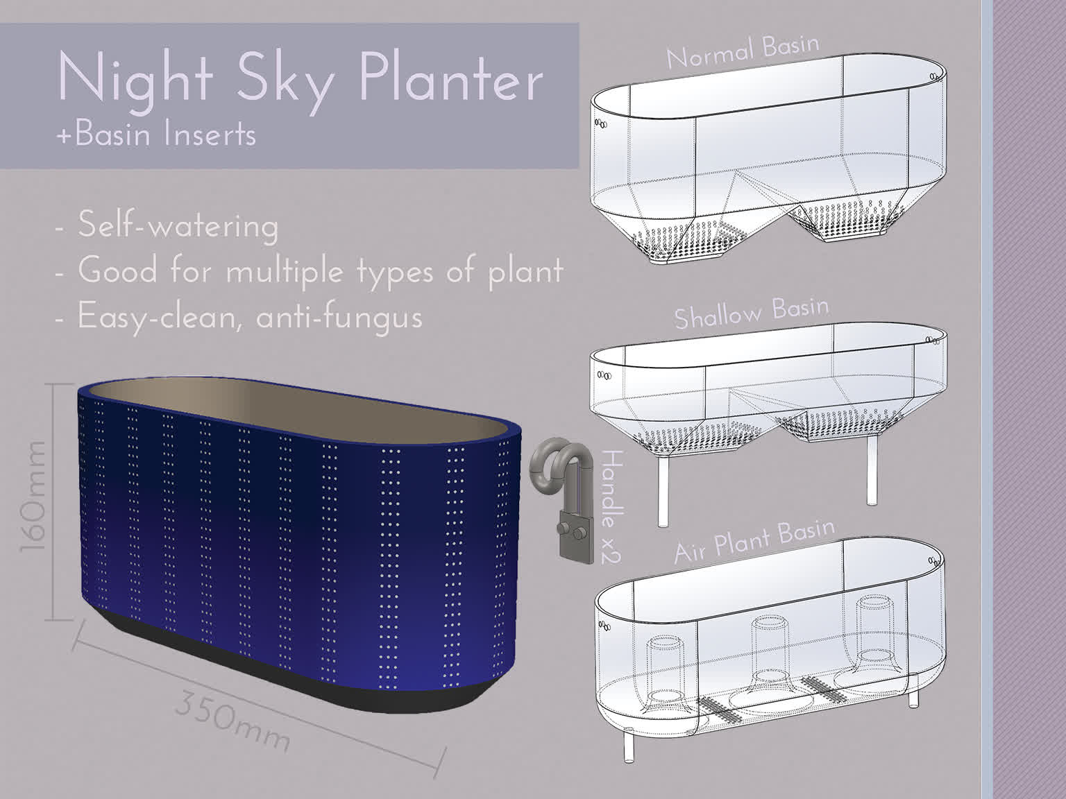 Plant pot inspired by the night sky. Variable inserts provide different growing conditions for different kinds of plants