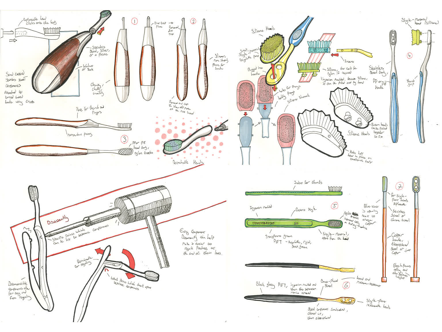 Sketches of a toothbrush that minimises waste. Showing materials and how one may be dissassembled.