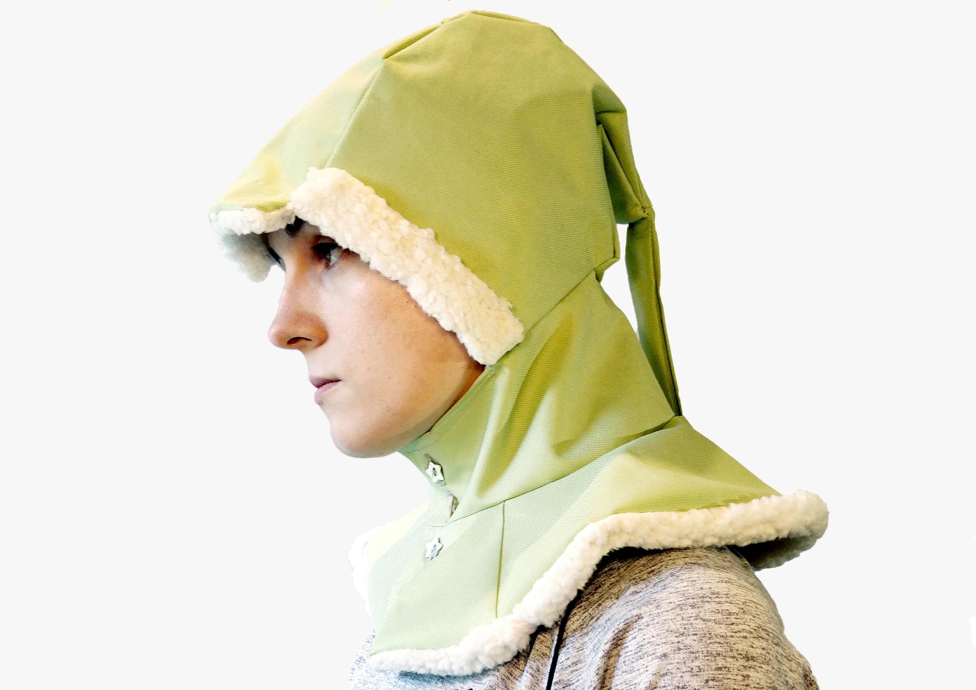 A green liripipe rain hood, from the side