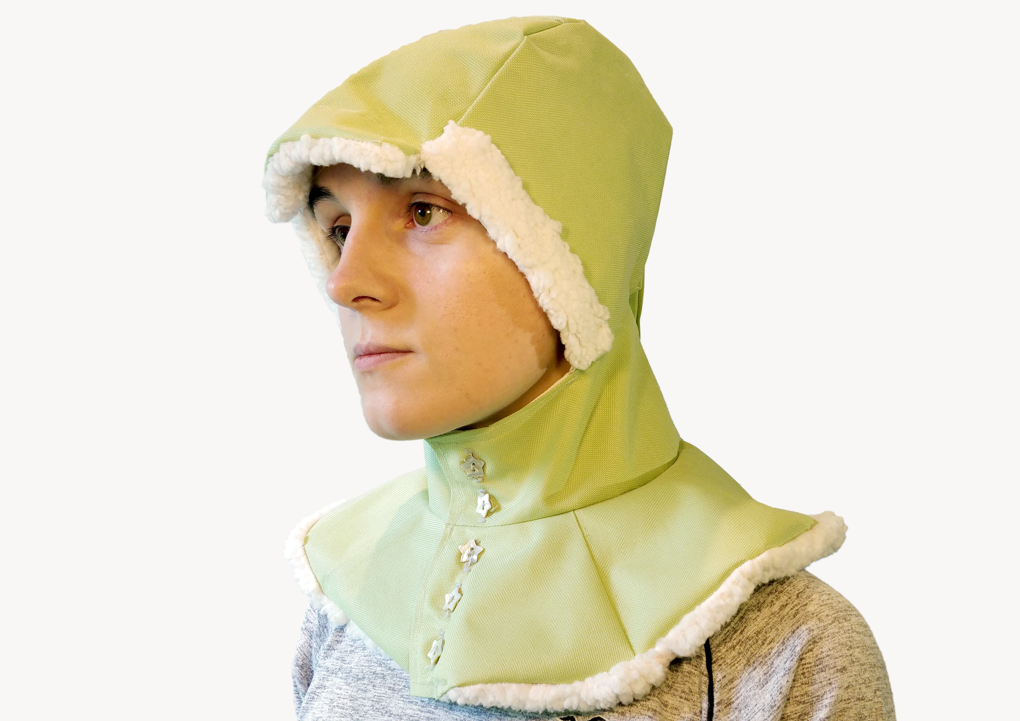 A green liripipe rain hood, from 3/4ths