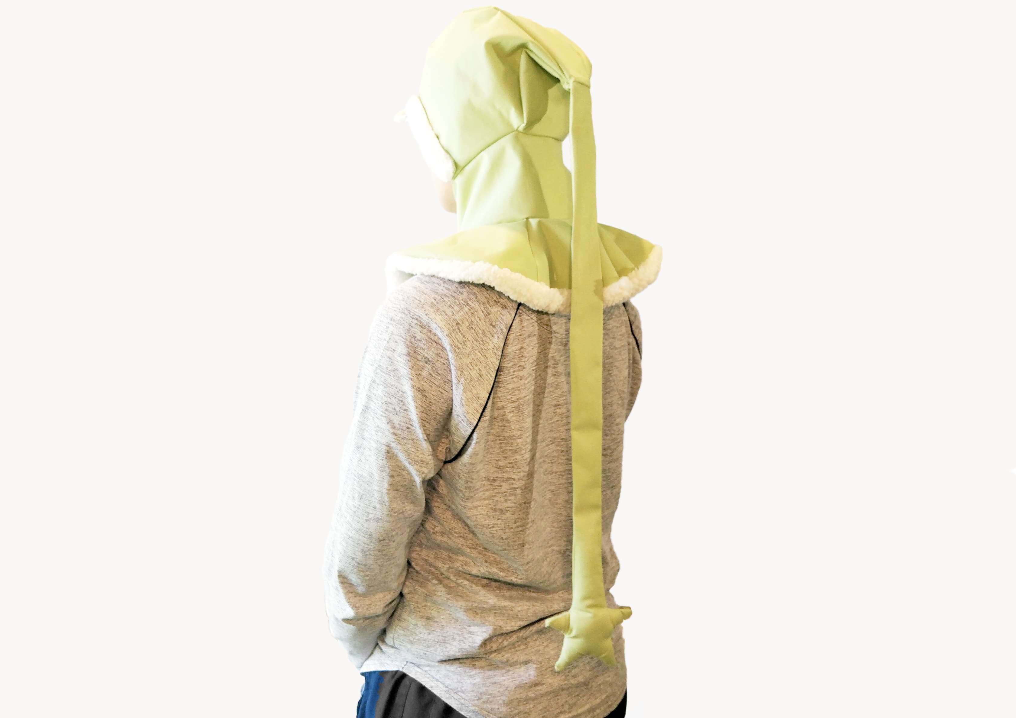 A green liripipe rain hood, from the back