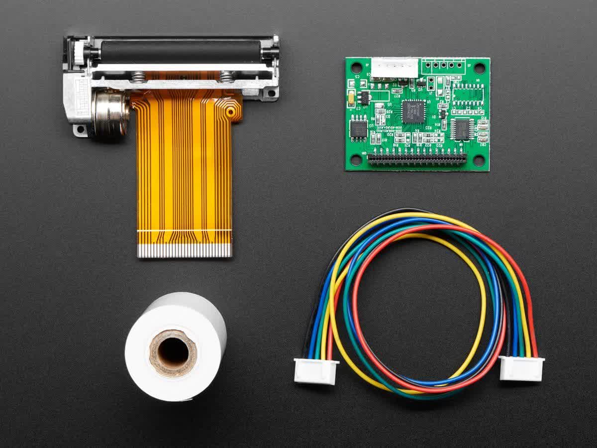 from adafruit, promotional image of thermal printer guts laid out