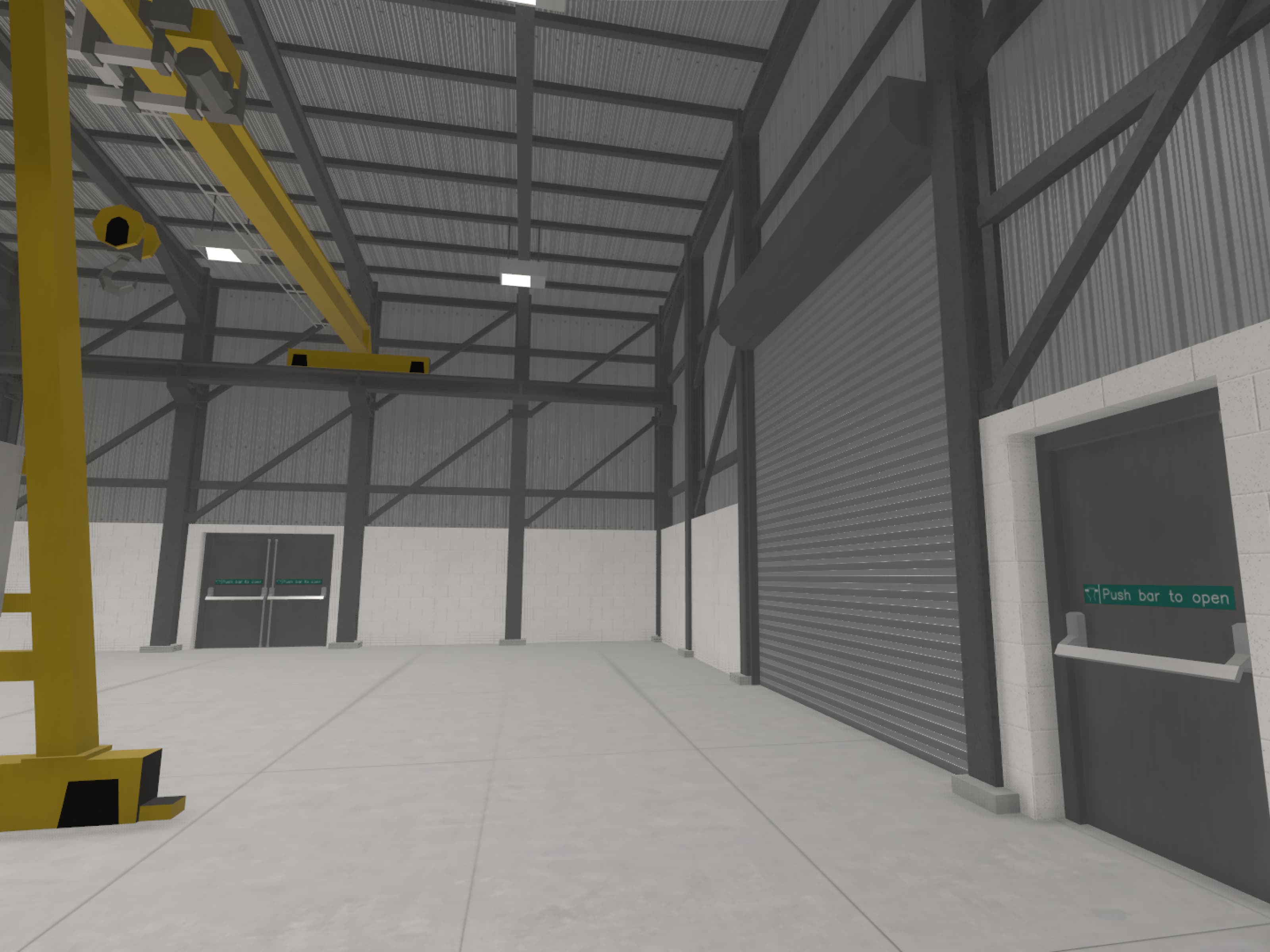 An environment render of a warehouse, showing doors