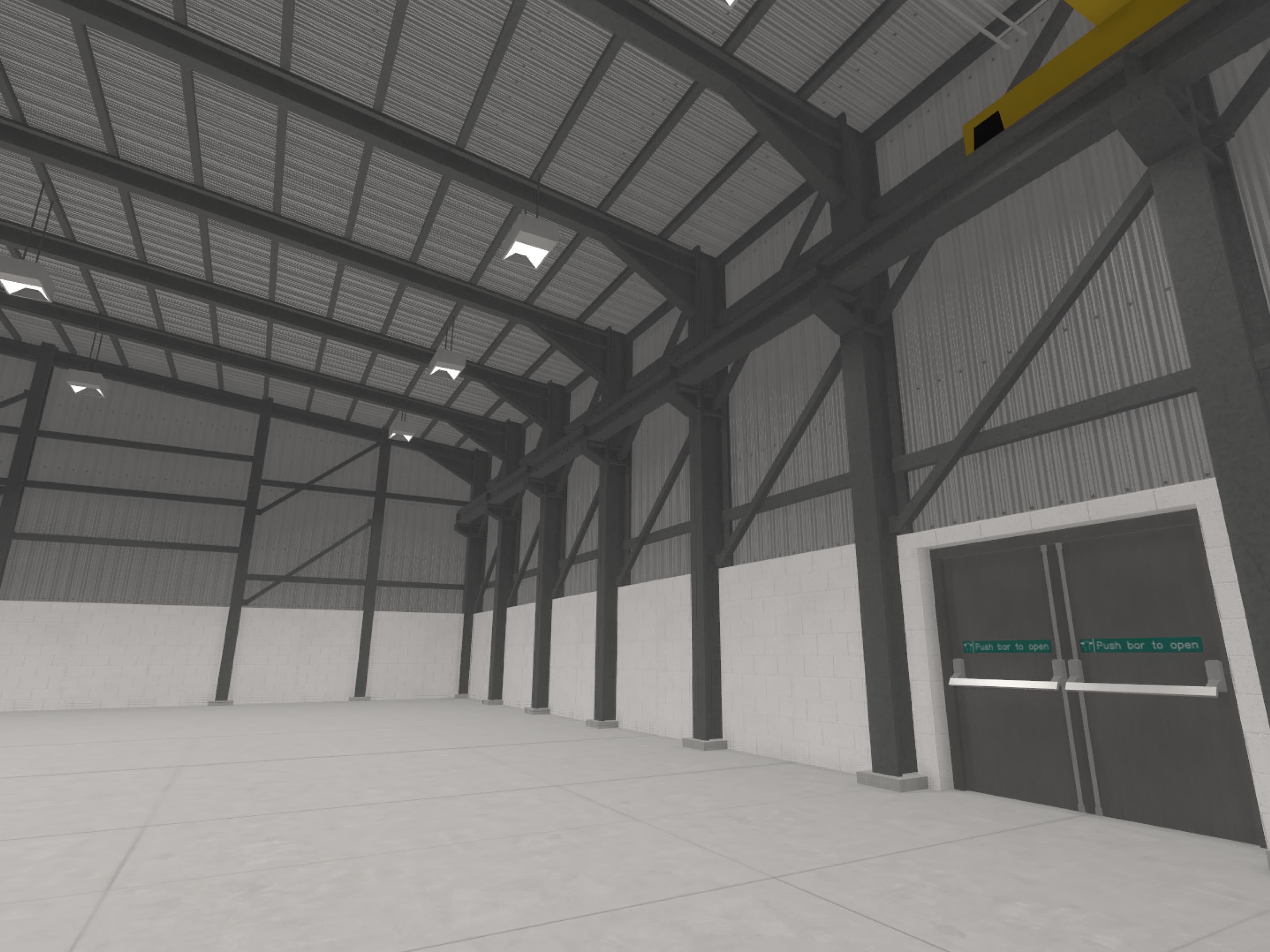 An environment render of a warehouse, showing pillars