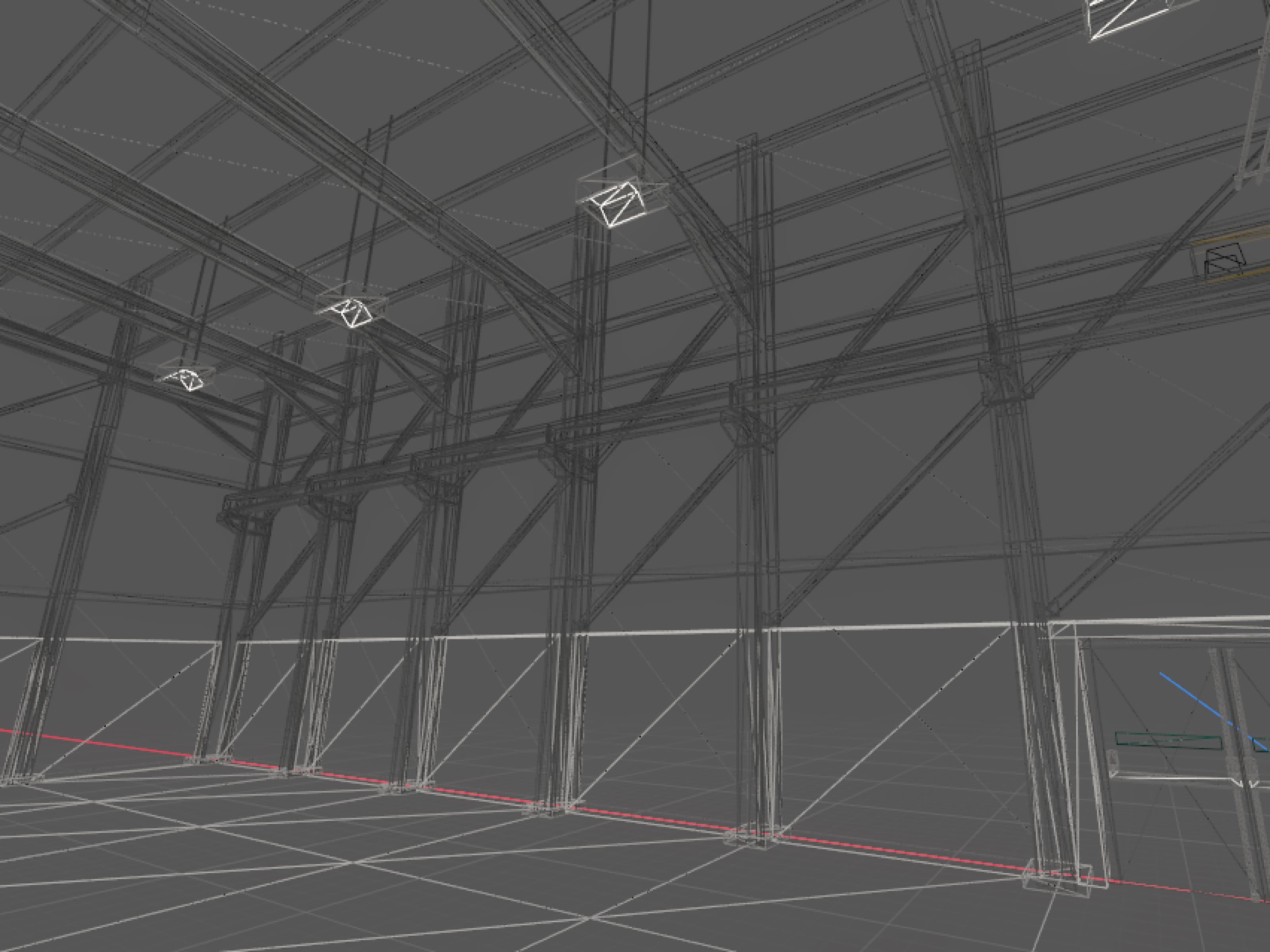 An environment render of a warehouse, in wireframe