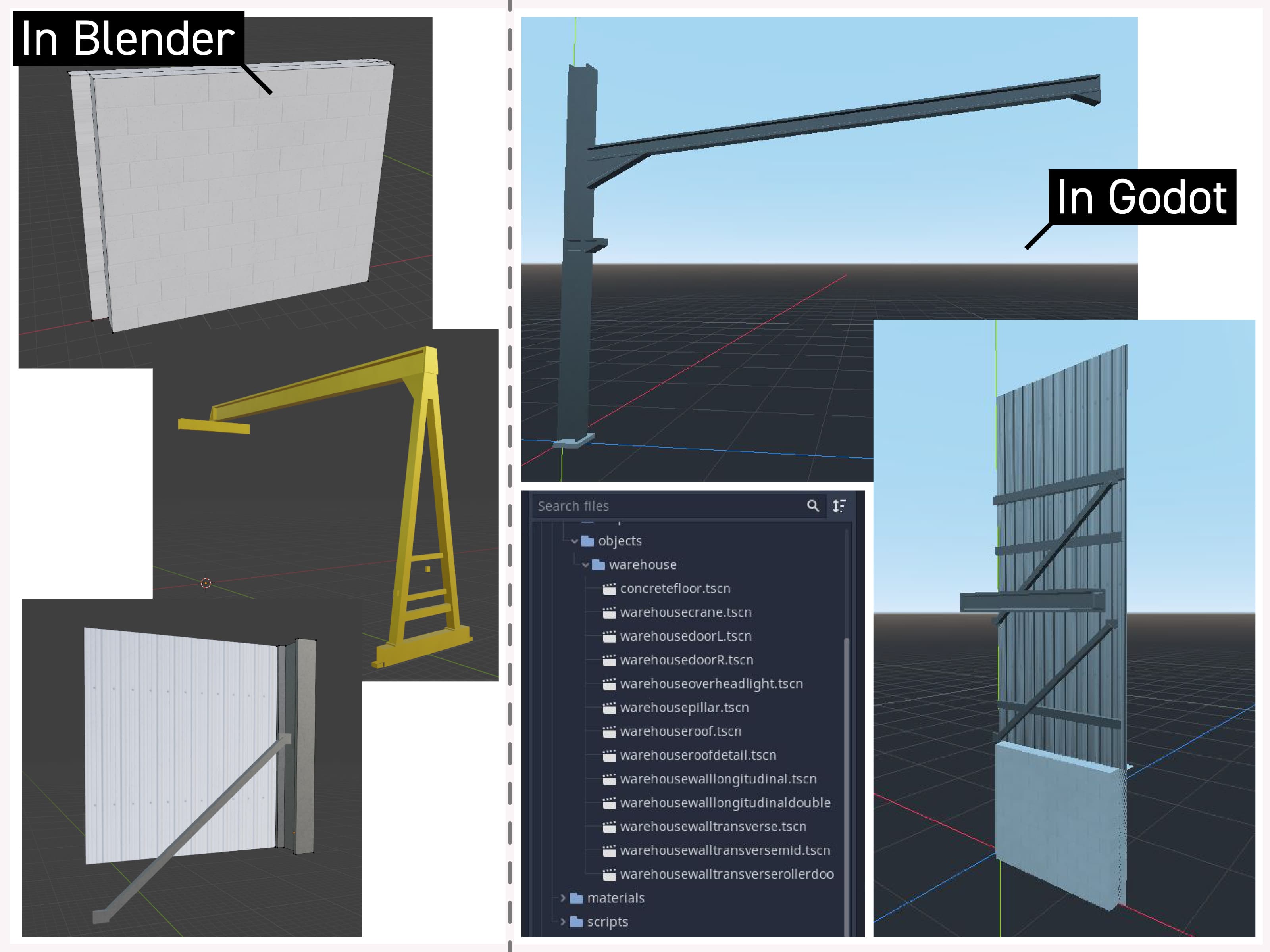 The model pieces in Blender and the combined scenes in Godot used for environment construction