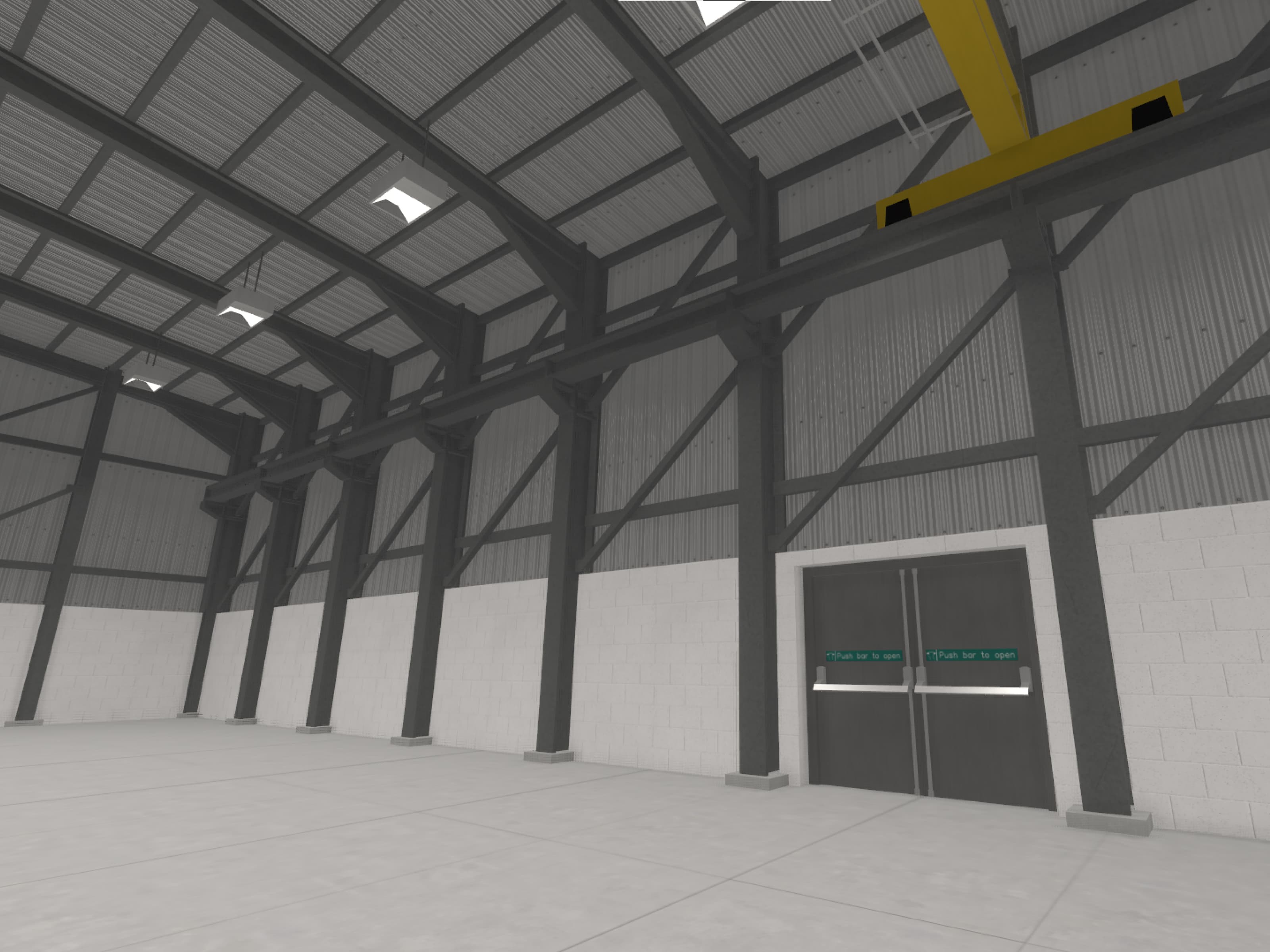 An environment render of a warehouse, showing pillars